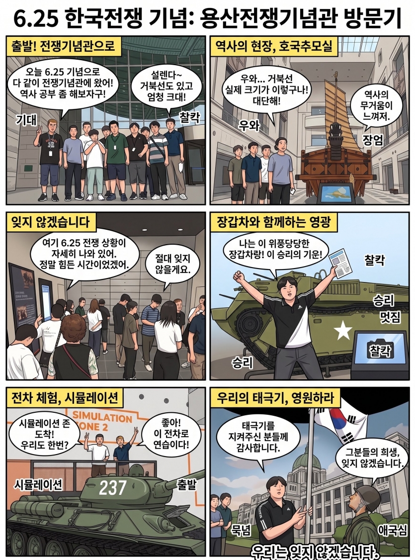6.25 한국전쟁을 기념하여 방문한 전쟁기념관에서 웅장한 거북선과 전차를 관람하고, 태극기 앞에서 순국선열들의 숭고한 희생을 기억하는 뜻깊은 역사 학습을 진행했습니다.
