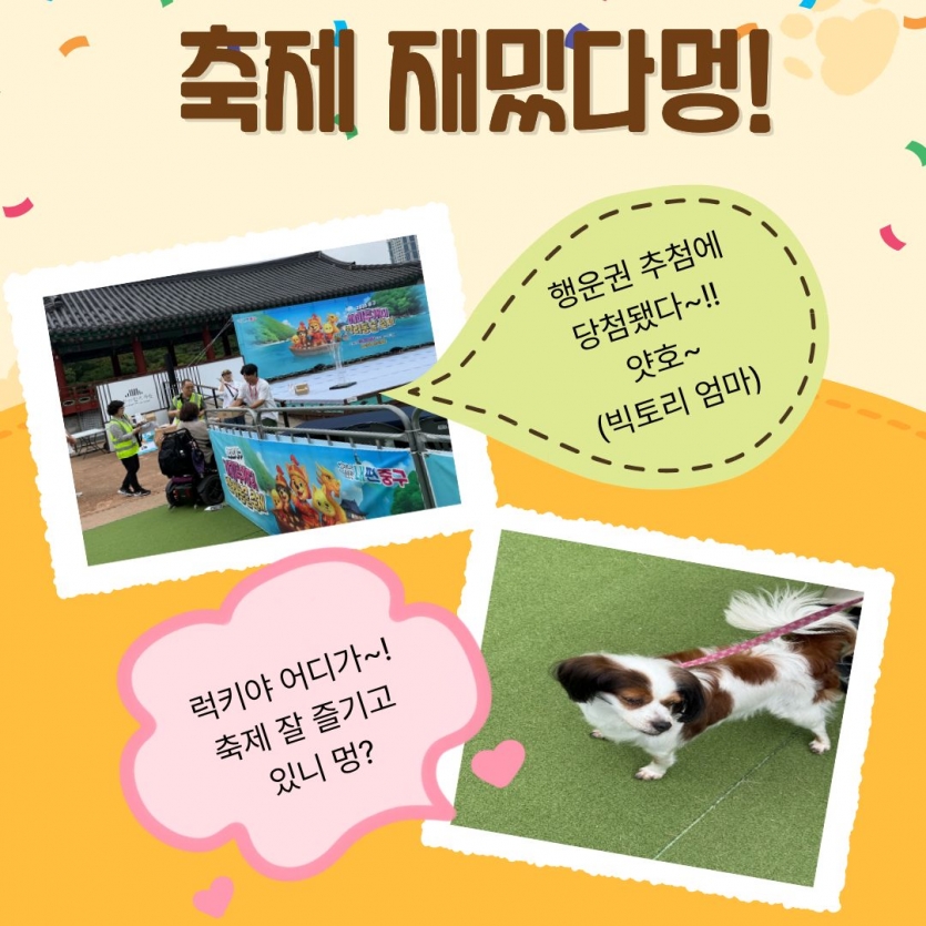 축제 재밌다멍! 행운권 추첨에 당첨됐다~!! 얏호~, 럭키야 어디가~! 축제 잘 즐기고 있니 멍?