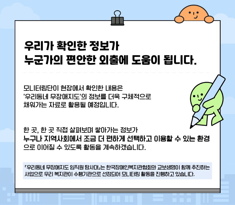 우리가 확인한 정보가 누군가의 편안한 외출에 도움이 됩니다. / 모니터링단이 현장에서 확인한 내용은 '우리동네 무장애지도'의 정보를 더욱 구체적으로 채워가는 자료로 활용될 예정입니다. 한 곳, 한 곳 직접 살펴보며 쌓아가는 정보가 누구나 지역사회에서 조금 더 편하게 선택하고 이용할 수 있는 환경으로 이어질 수 있도록 활동을 계속하겠습니다. / 「우리동네 무장애지도 임직원 탐사대」는 한국장애인복지관협회와 교보생명이 함께 추진하는 사업으로 우리 복지관이 수행기관으로 선정되어 모니터링 활동을 진행하고 있습니다.