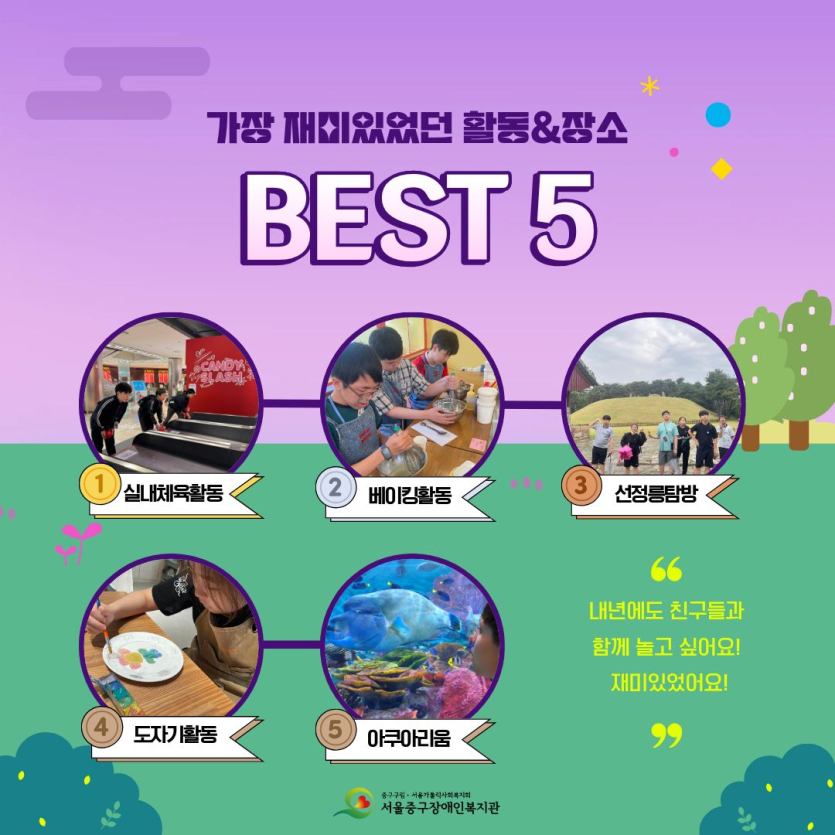 가장 재미있었던 장소 1위 실내체육활동, 2위 베이킹활동, 3위 선정릉 탐방, 4위 도자기 활동, 5위 아쿠아리움