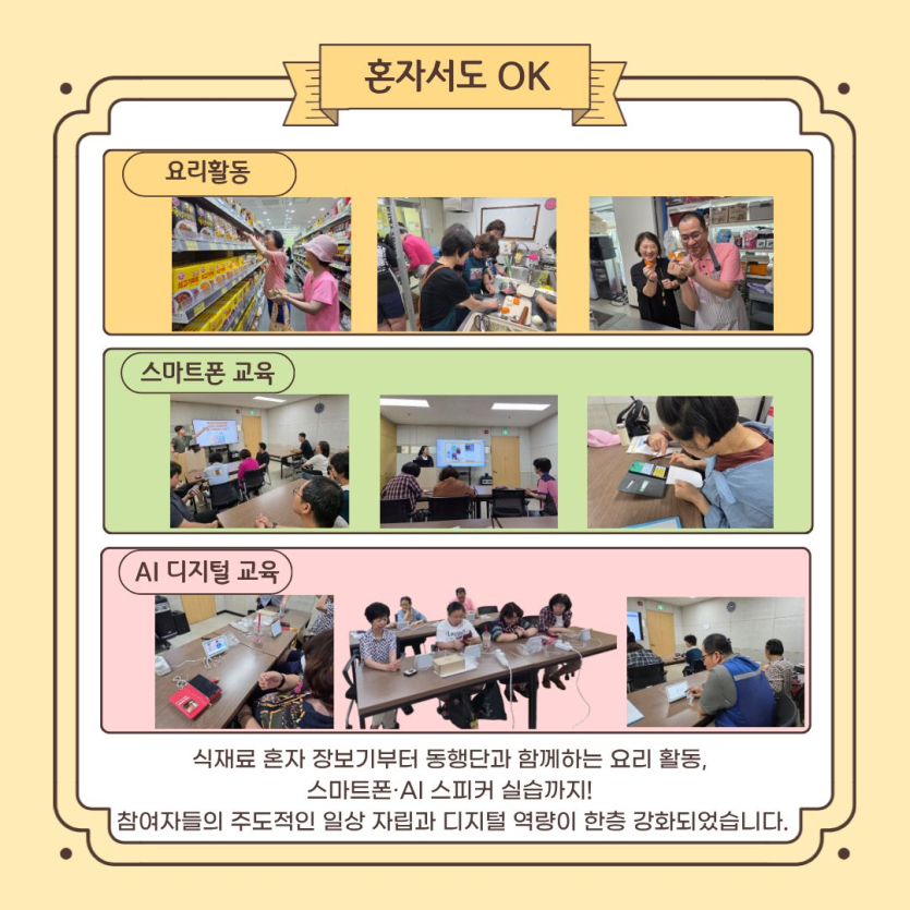 혼자서도 OK / 식재료 혼자 장보기부터 동행단과 함께하는 요리 활동,  스마트폰·AI 스피커 실습까지!  참여자들의 주도적인 일상 자립과 디지털 역량이 한층 강화되었습니다.